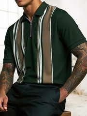 Men’s Fashion Business Vertical Striped Contrast Color Zip-Up Polo Shirt