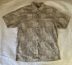 Nautica Printed Short Sleeve Button Down Shirt Men’s L Beige Collared Pockets