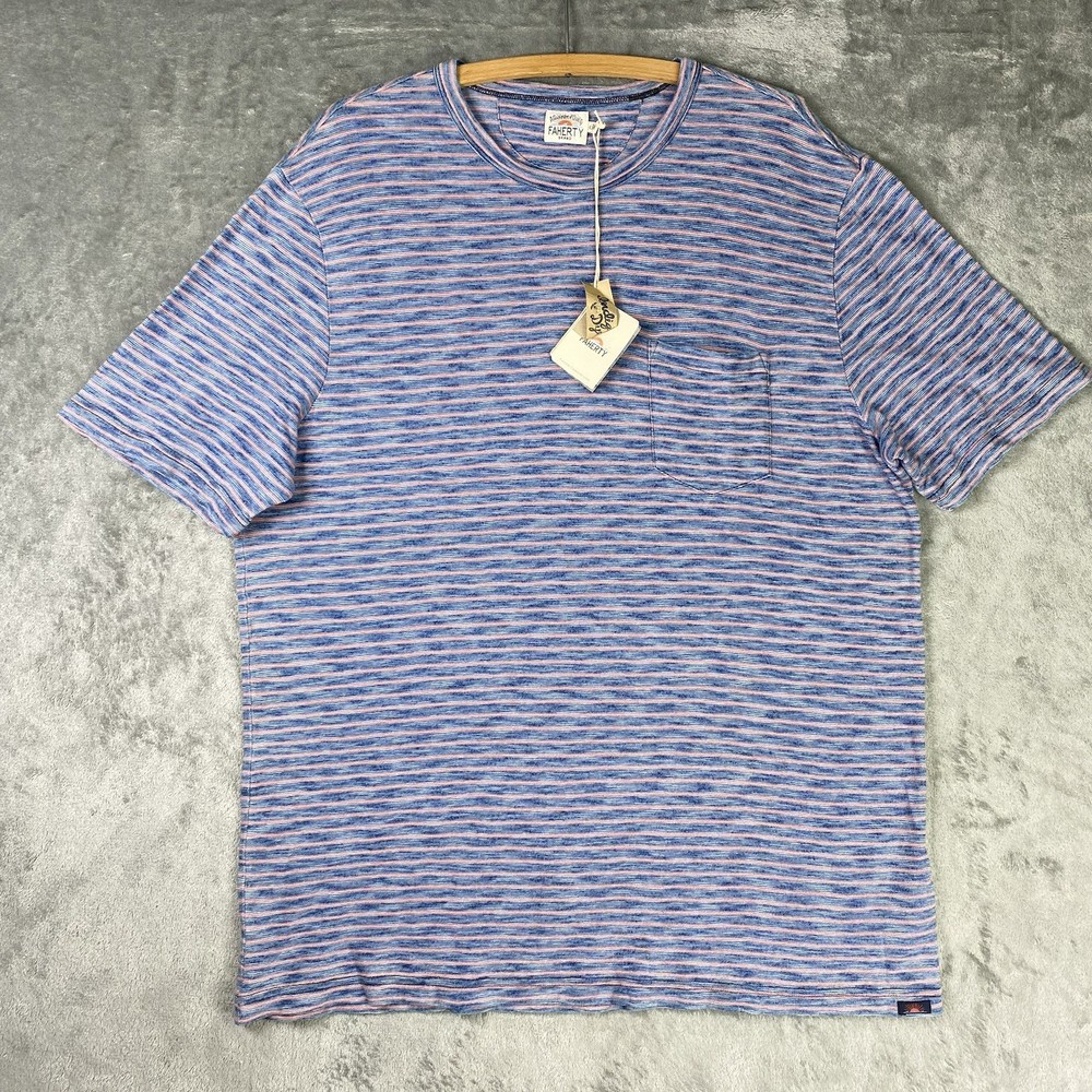 Faherty Indigo Pocket Tee Shirt Mens Size XL Pink Blue Baypoint Striped NWT