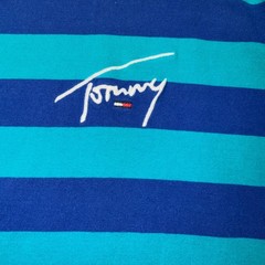 Vintage Tommy Jeans Mens XL Blue Striped Short Sleeve Script Boxy Logo T-Shirt