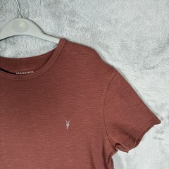 AllSaints ESUM T-Shirt Mens Large Brown Woven Cotton Short Sleeve Crew