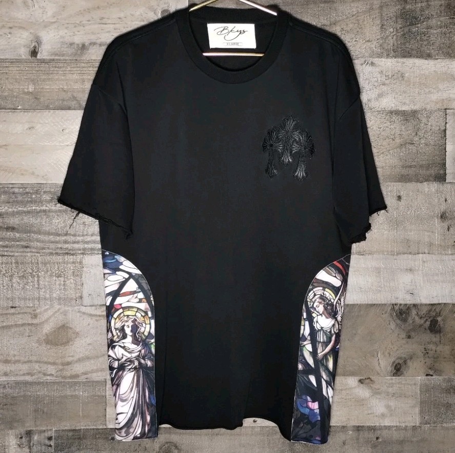Men’s Y2K Style Black Satin Cross Embroidered Terry T-Shirt Size Extra Large XL