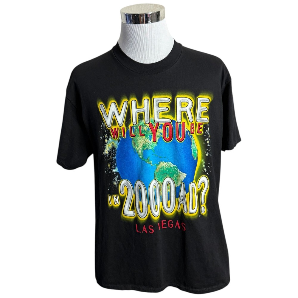 Vintage Where Will You Be in 2000 AD T-Shirt Men’s XL Black Las Vegas Made USA