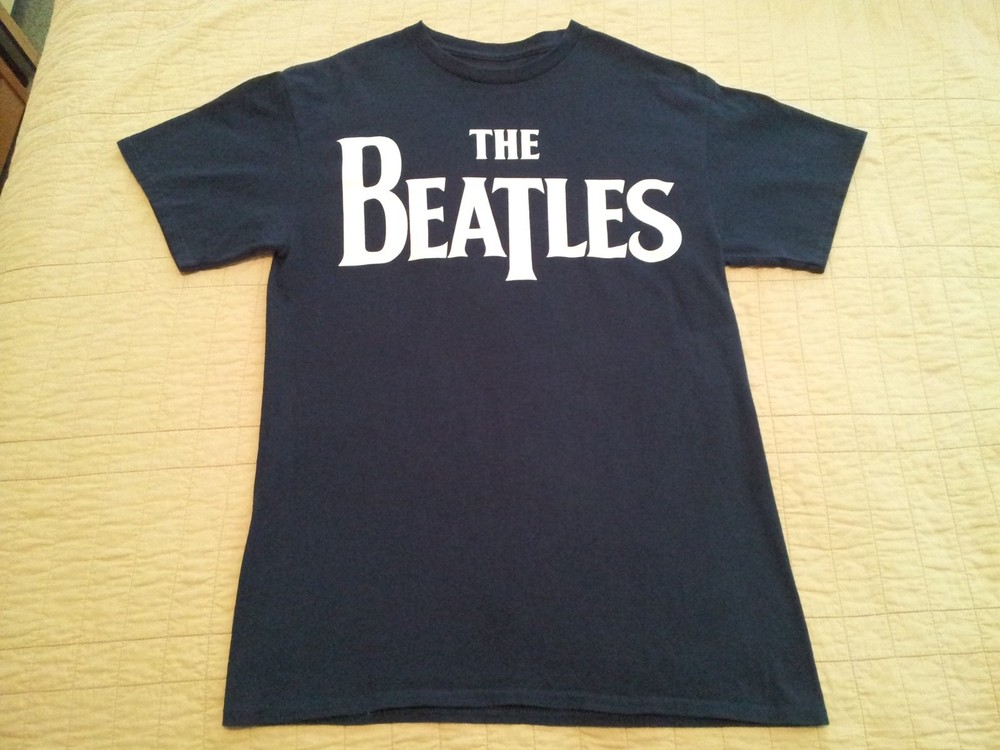 The Beatles T Shirt M Medium Logo John Paul George Ringo Apple Dark Blue INV375