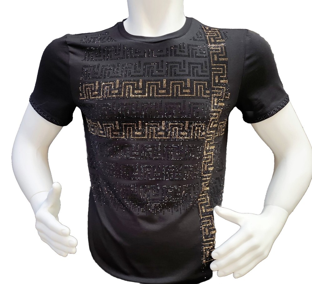 Men’s Italian fashion Short Sleeves black T-shirt rhinestone Golden Greek Key