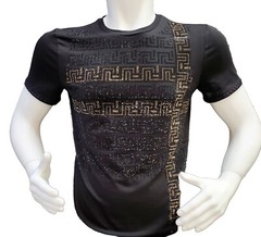 Men’s Italian fashion Short Sleeves black T-shirt rhinestone Golden Greek Key