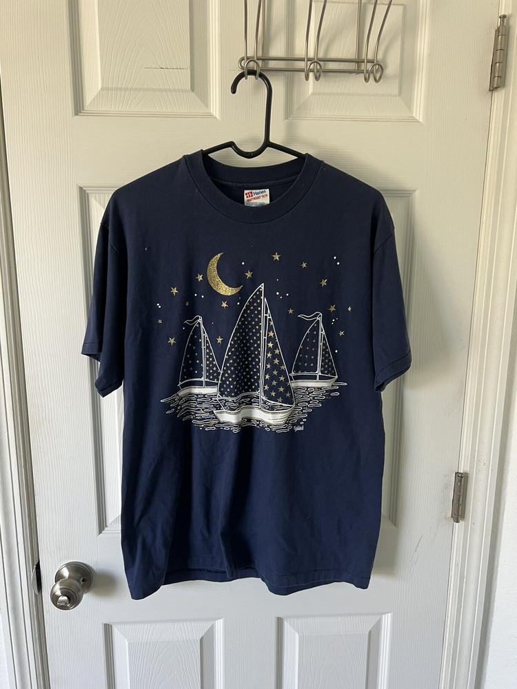 Vintage Foiled Art Shirt Sailboat Ocean Moon Stars Gold Glitter Large Navy Blue