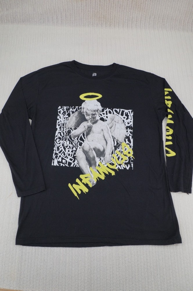 Faded Black Infamous Shirt Mens Large Black Long Sleeve Angel Cherub Halo Cupid