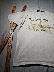 Vtg Polo Sport Shirt Mens Large Beige Sportsman Fishing Preppy Graphic Tee Y2k