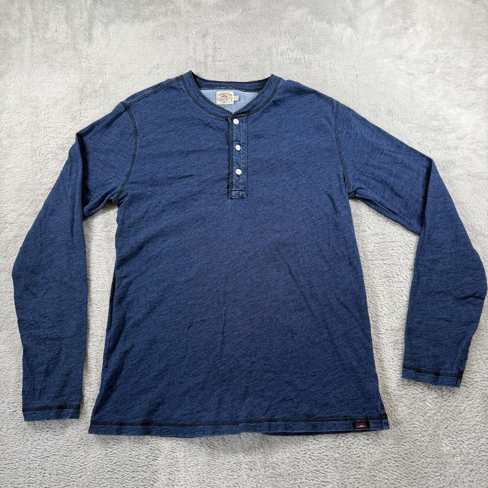 Faherty Brand Shirt Mens M Indigo Blue Long Sleeve Henley Tee Casual Preppy