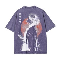 Demon Slayer Zenitsu Agatsuma Acid Wash Graphic T Shirt Anime Back Print M-3XL
