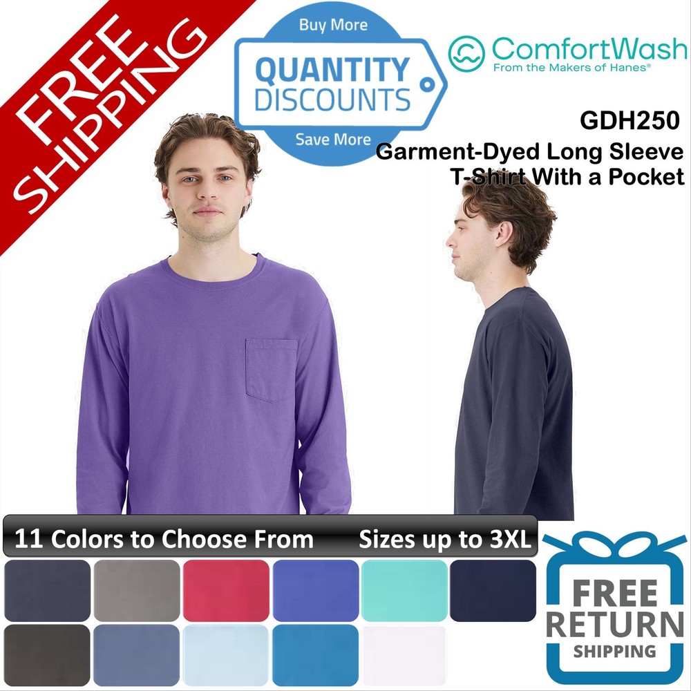 ComfortWash Men Garment-Dyed Long Sleeve T-Shirt With a Pocket Up To 3XL GDH250