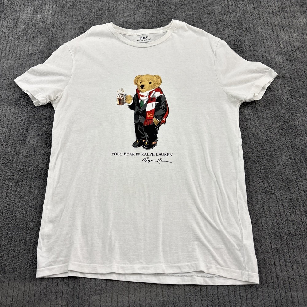 Polo Ralph Lauren T Shirt Mens Small Polo Bear Hot Cocoa Preppy White Tee FLAW