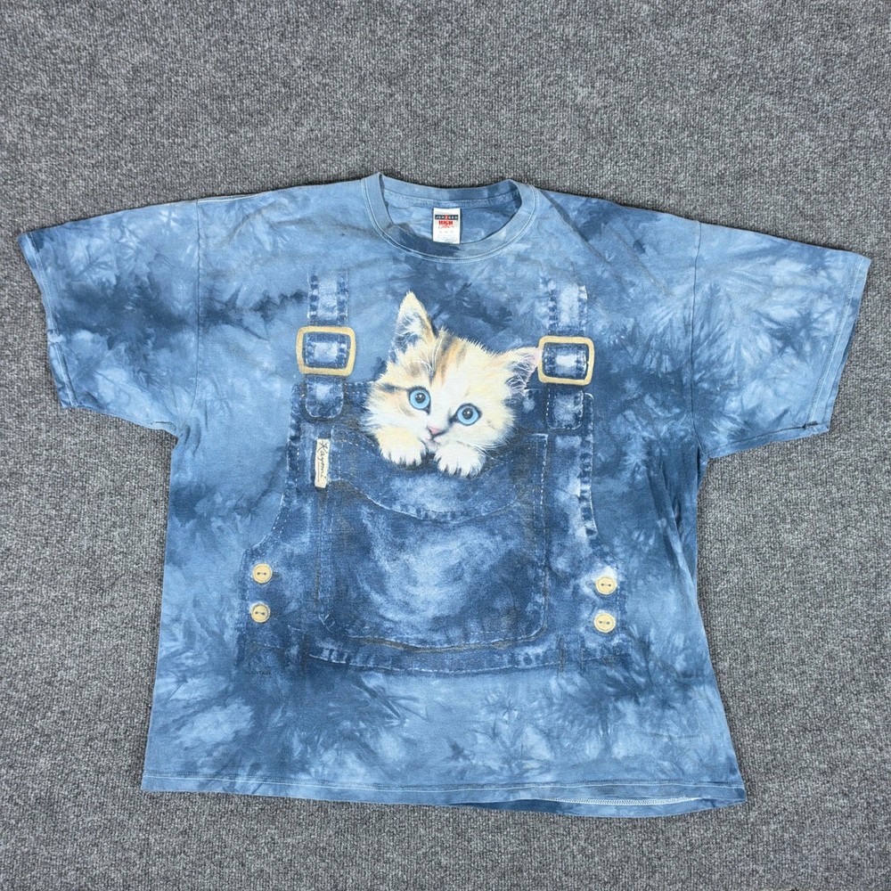 Jerzees The Mountain Kitten in Overalls Tie Dye Graphic T-Shirt Blue Mens 3XL