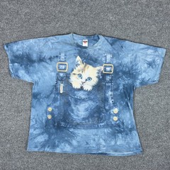 Jerzees The Mountain Kitten in Overalls Tie Dye Graphic T-Shirt Blue Mens 3XL