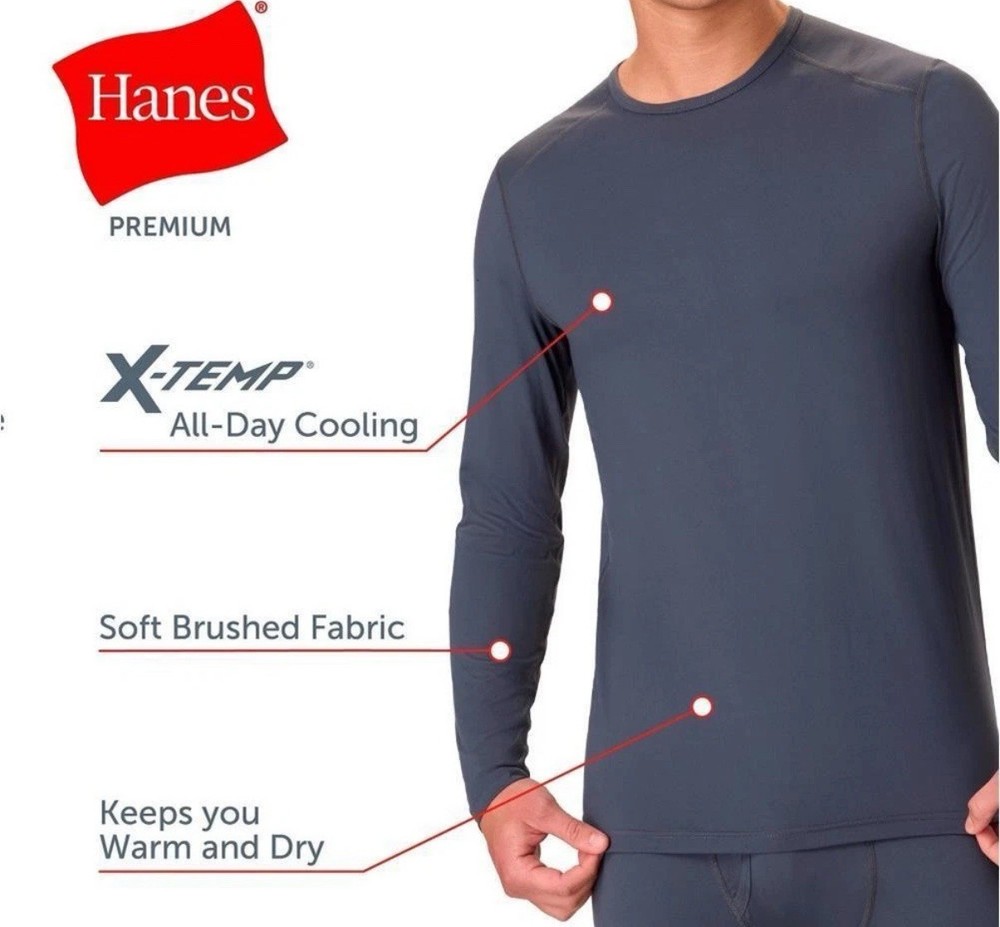 2pk Hanes Men’s Thermal Long Sleeve Performance Base layer Crewneck Gray Small