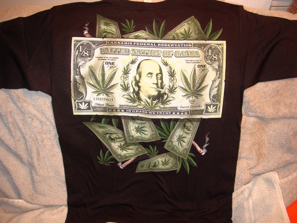 BENJAMIN FRANKLIN 1/8 OUNCE MARIJUANA BILL CANNABIS MONEY T-SHIRT SHIRT
