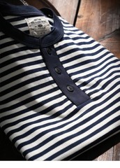 American Tough Guy Style Henry Collar Striped Washed Cotton Short Sleeved Shirt