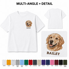 Custom Embroidered Pet Portrait T-Shirt Golden Retriever Personalized Name White