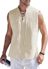 Men Cotton Linen Tank Top Sleeveless Lace Up Shirt Bohemian Beach Casual Tunic