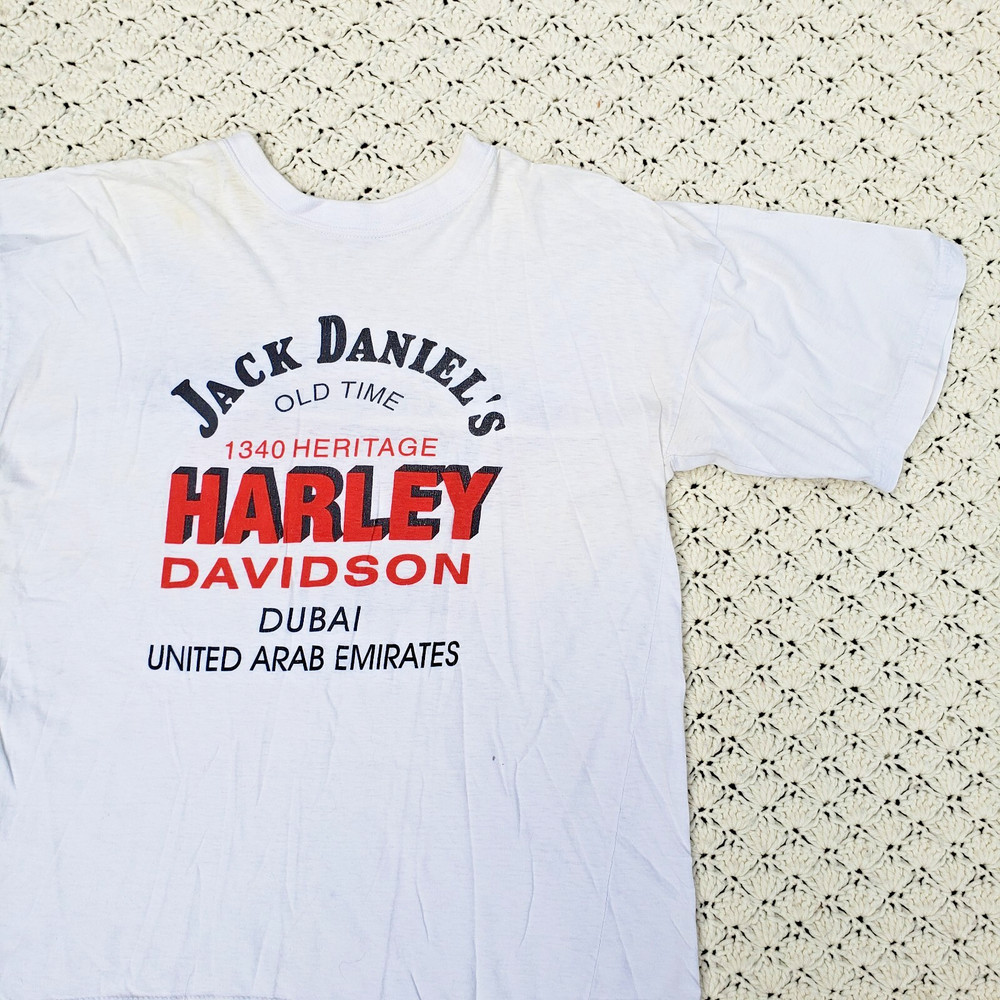 Vtg Harley Davidson Jack Daniels Dubai UAE Graphic Motorcycle T Shirt White