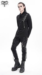 Devil Fashion Men Black Gothic Punk Chain Asymmetric Fitted Long Sleeve T-Shirt
