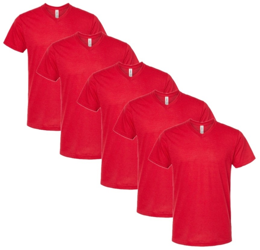 Pack of 5 NEW Tultex Men Short Sleeve Poly-Rich V-Neck T-Shirt 207 Red – Medium