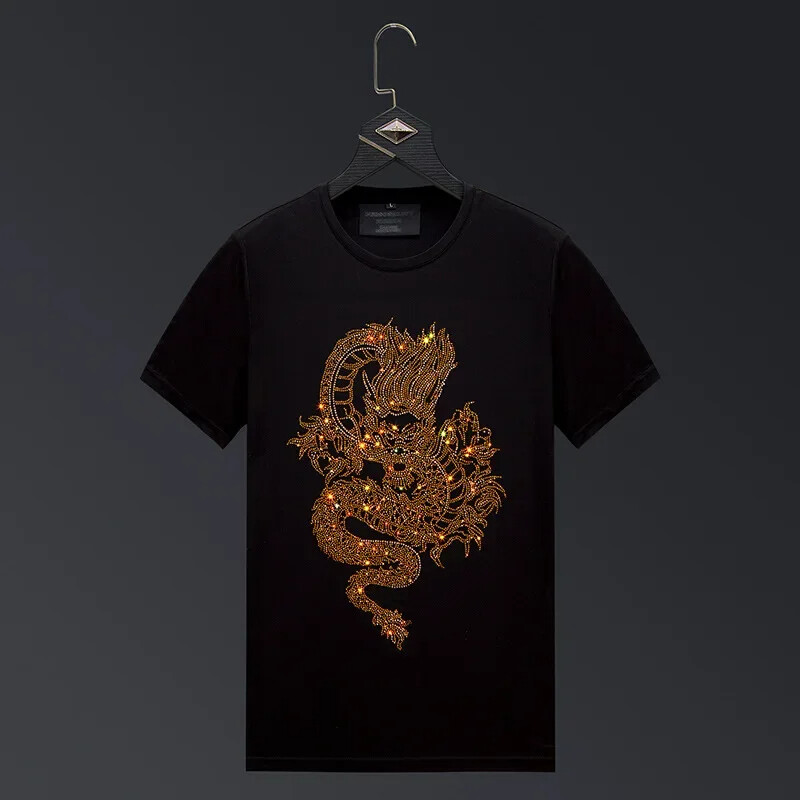 New Men Luxury Rhinestones Dragon Fashion Black White Red T-Shirt High Quality
