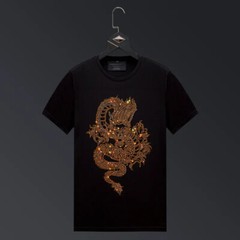 New Men Luxury Rhinestones Dragon Fashion Black White Red T-Shirt High Quality