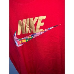 Nike Mens Small Red Graphic T-Shirt Gold Foil World Flags Swoosh Logo Tee