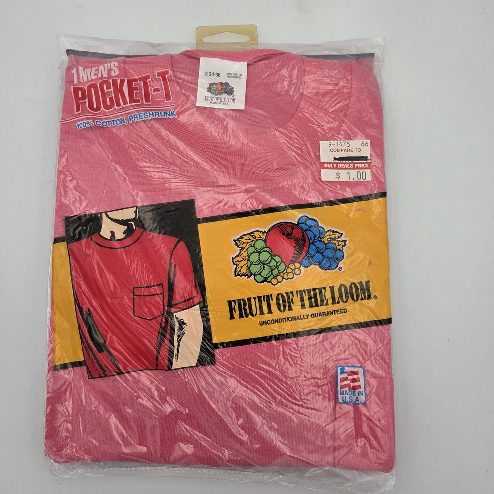 Vintage Fruit of the Loom Men’s Size Small 34-36 Pocket T-Shirt 1991 Pink ~ NOS
