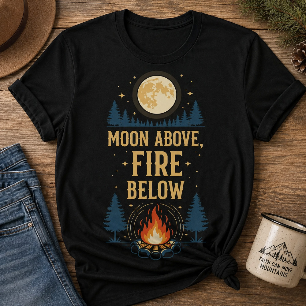 Camping Shirt Moon Campfire Outdoor Adventure Nature Graphic Tee