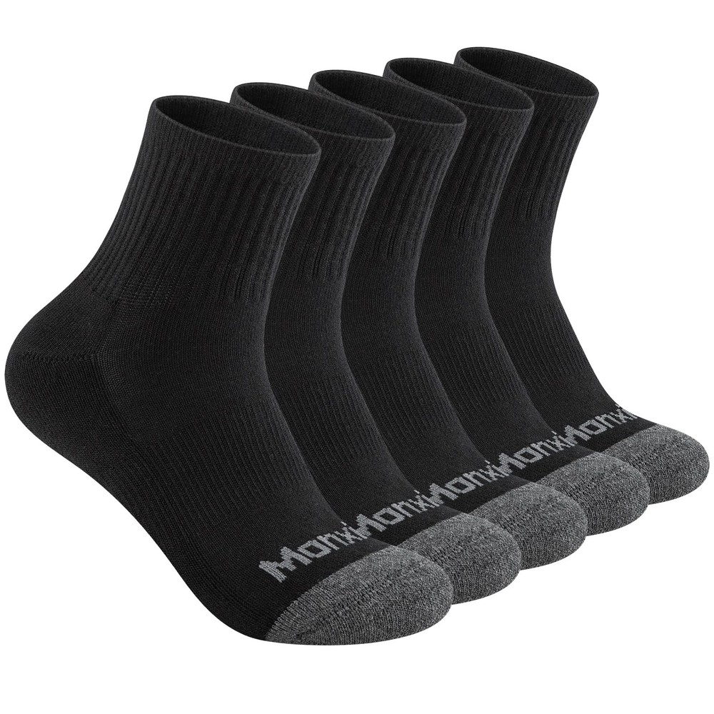 Monxiery Mens 100% Cotton Cushioned Moisture Wicking One Size, 5 Pairs Black