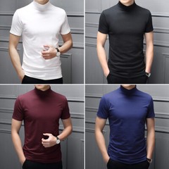 Men Half High Collar Mercerized Cotton Short Sleeve Slim Fit T-Shirt Solid Color