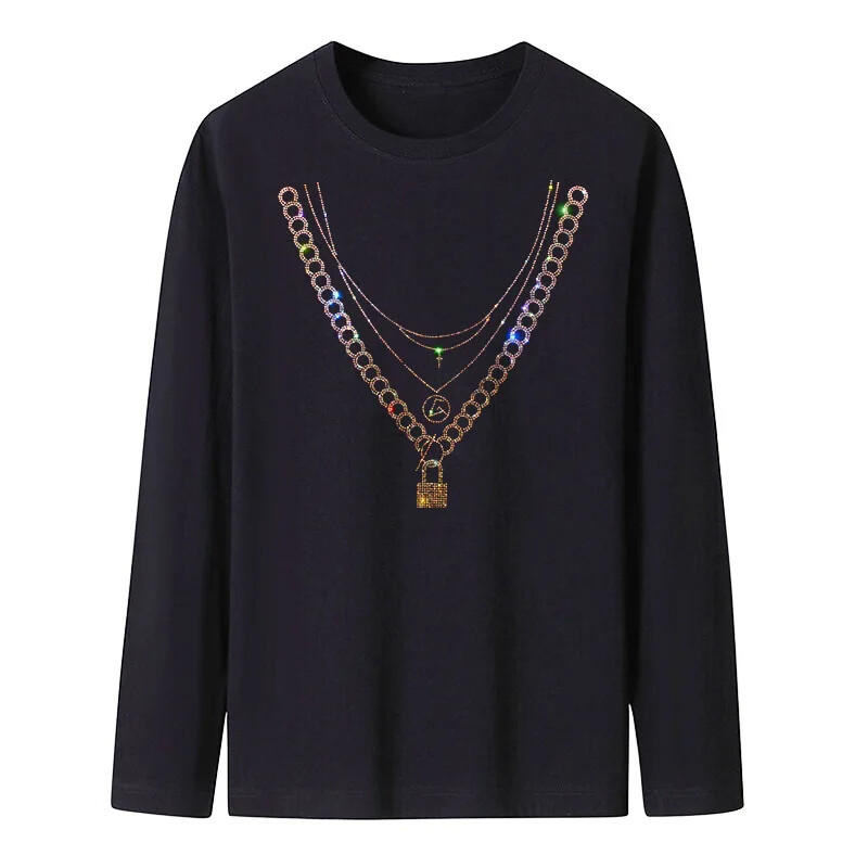 New Fashion Chain Rhinestone Diamond Long Sleeve Luxury Men Trend Cotton T-Shirt