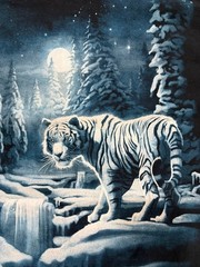 Liquid Blue Tiger Moon Winter Scene Graphic Cotton Knit Crew Tee Mens L