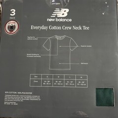 3 Pk. New Balance Everyday Cotton Crew Neck/ Soft/ Tag Free/ Durable Men L 42-44