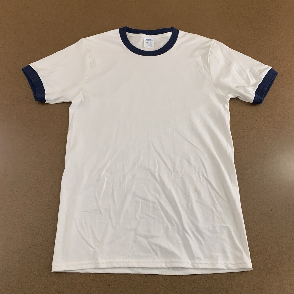 Port & Co Adult Size Small White Navy Trim Crew Neck Short Sleeve T-Shirt New