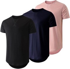 Mens 3 Pack Cotton Longline Crewneck T-Shirts Casual Hipster Fit Tee Set
