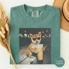 Funny Shiba Inu Drinking Iced Coffee Shirt, Animal Meme Tee T-Shirt