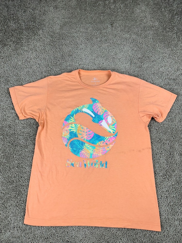 Sea World Shirt Mens Large Orange Blue Floral Monstera Print Short Sleeve Casual