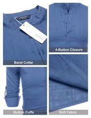 Men’s Cotton Hemp Long Sleeve Casual Beach Henley Shirt(DENIMN BLUE,L)
