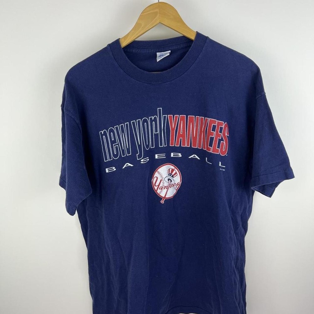 90s New York Yankees Baseball Cotton T-Shirt with white and red text and logo