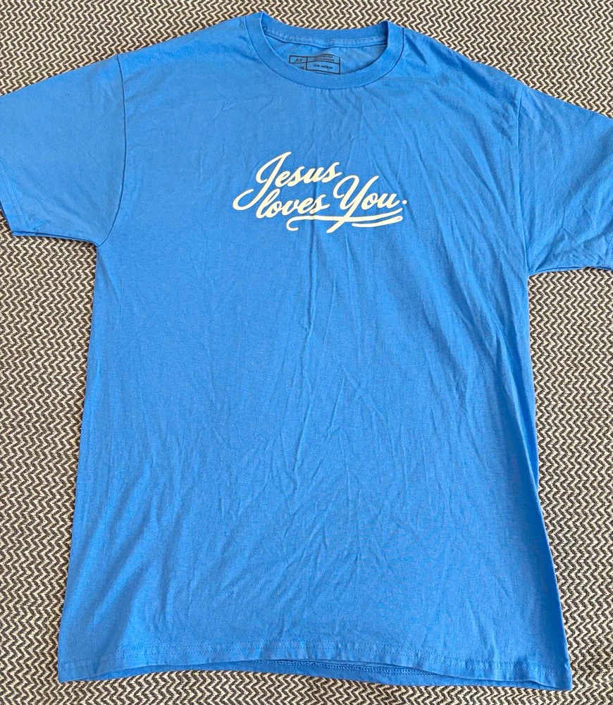 JLY Blue Jesus Loves You Graphic Crew Neck Short Sleeve T-Shirt Unisex M
