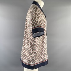 GUCCI Size XL White Navy & Red Monogram Silk Camp Short Sleeve Shirt