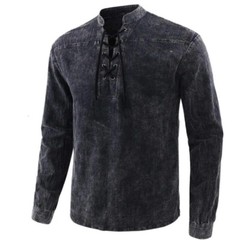 Men Fashion Casual Shirt Retro Pure Color Stand-Up Long Sleeve Collar Top