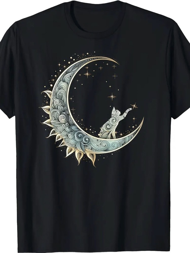 [1pc Cotton T-Shirt] 1pc 100% Cotton Mysterious Aesthetics Cat on Crescent