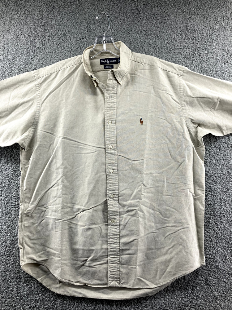 Ralph Lauren Button Up Shirt Mens Large Blake Fit Cotton Beige Pony