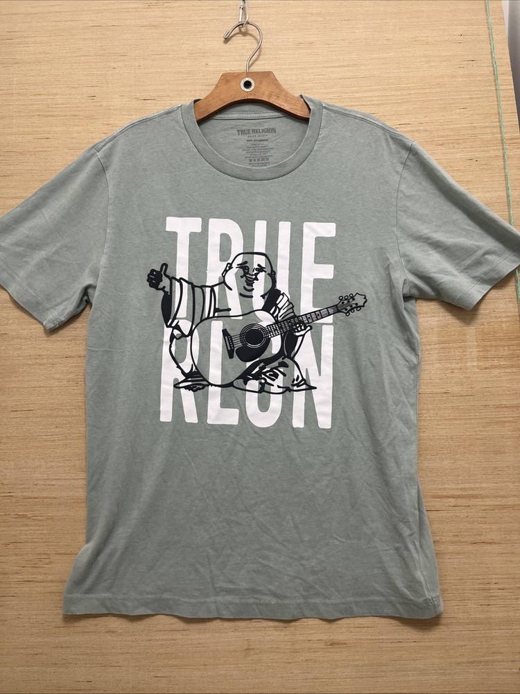 True Religion Men’s Mint Green Buddha & Guitar Graphic T‑Shirt – Medium