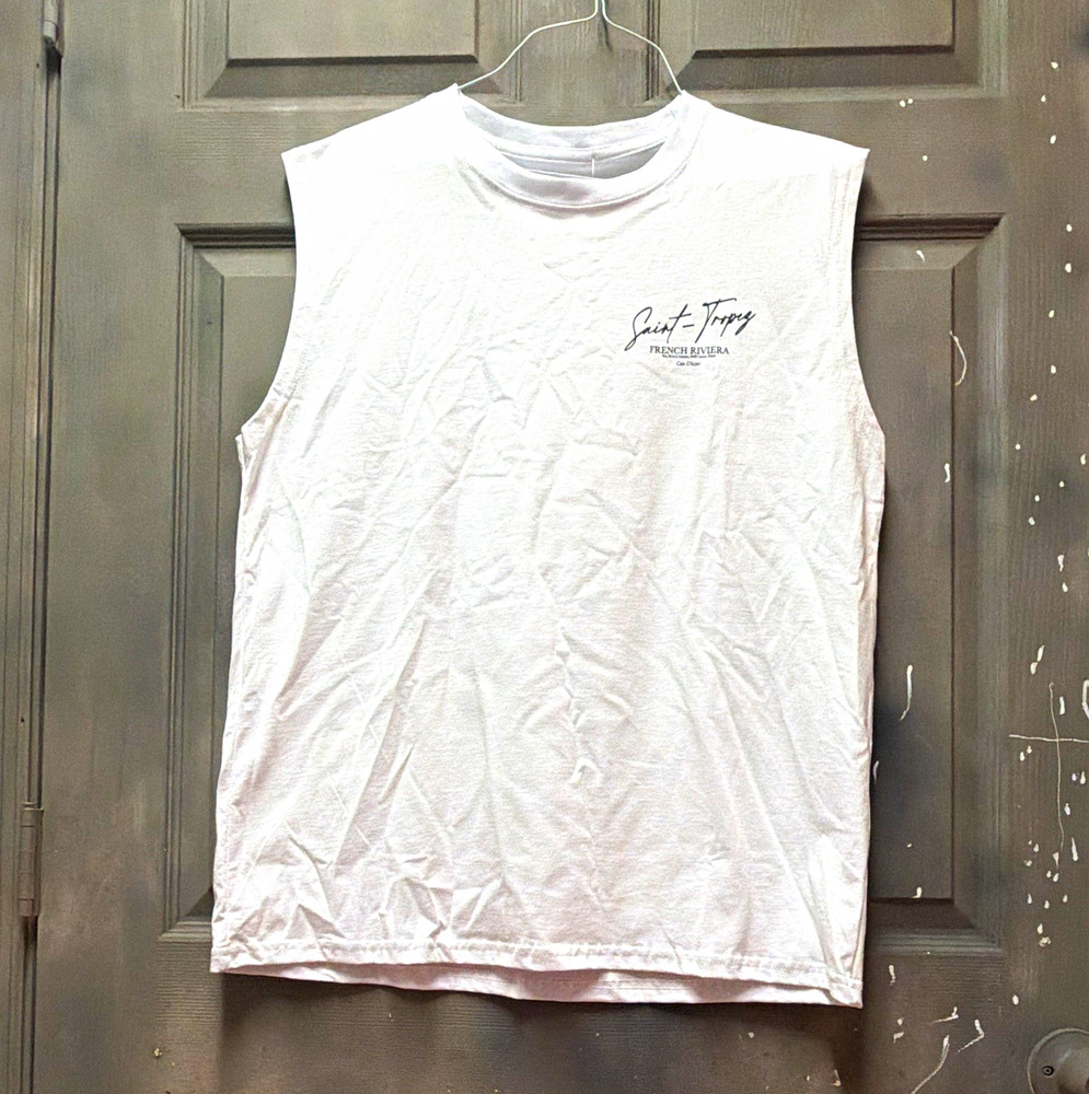 Phillip James Men’s White Saint-Tropez Graphic Logo Sleeveless Crew Tee Size M